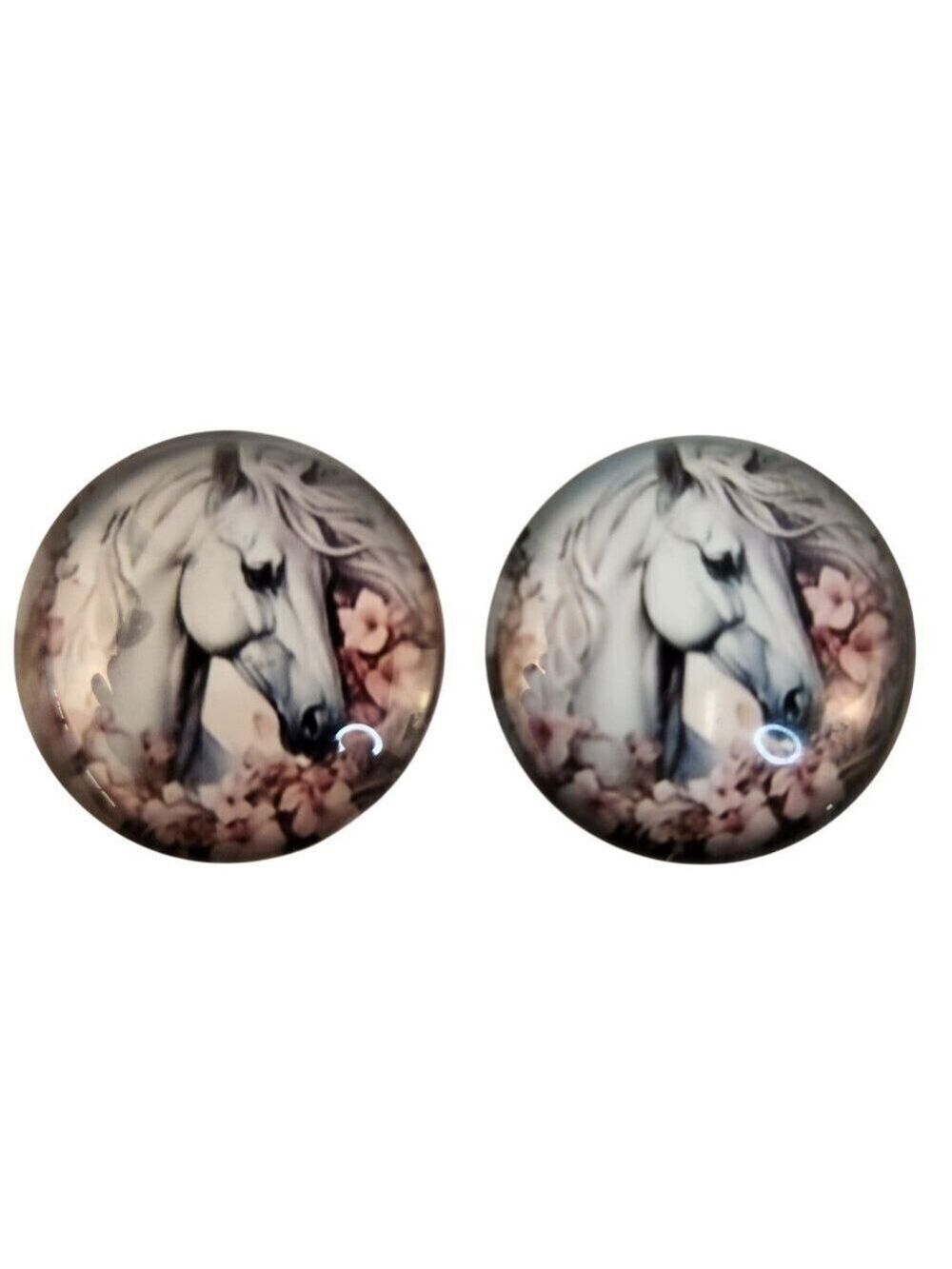 White Horse Floral Glass Cabochons 1 Inch Round Craft Supply Set of 2
